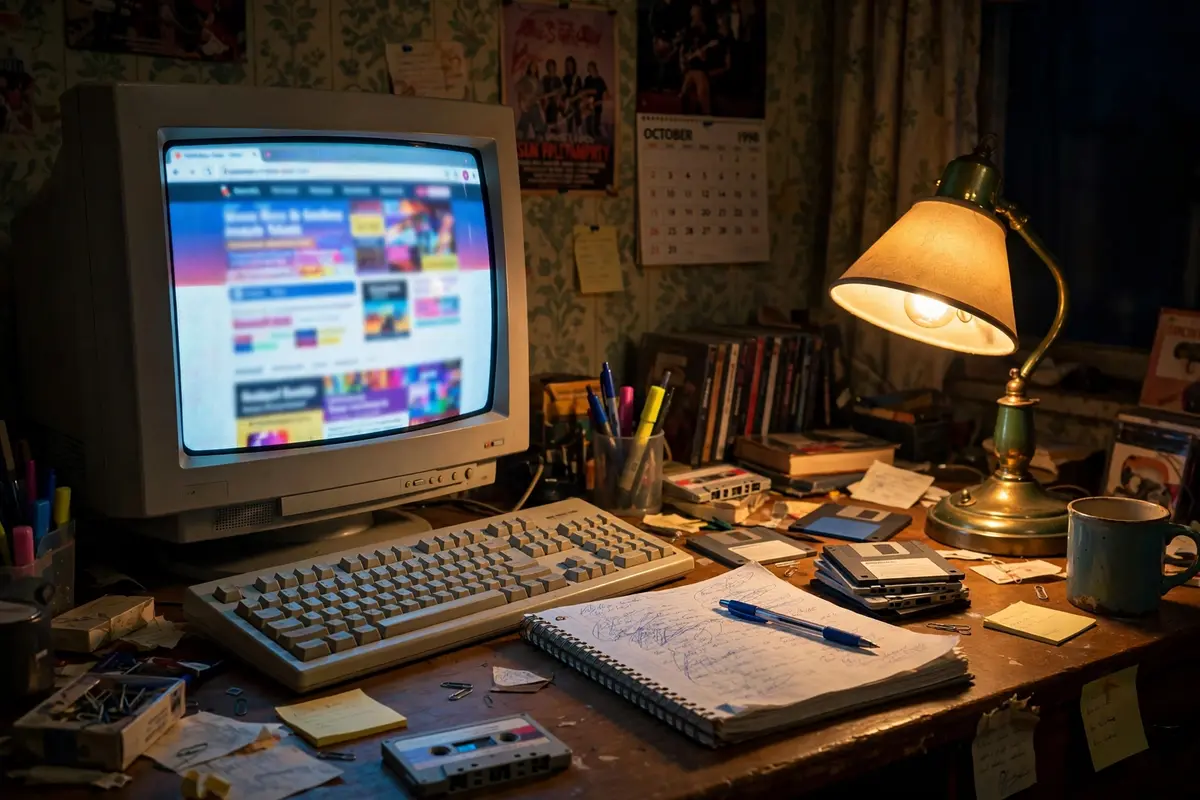 A 1990s bedroom desk with a glowing CRT monitor, notebook and lamp